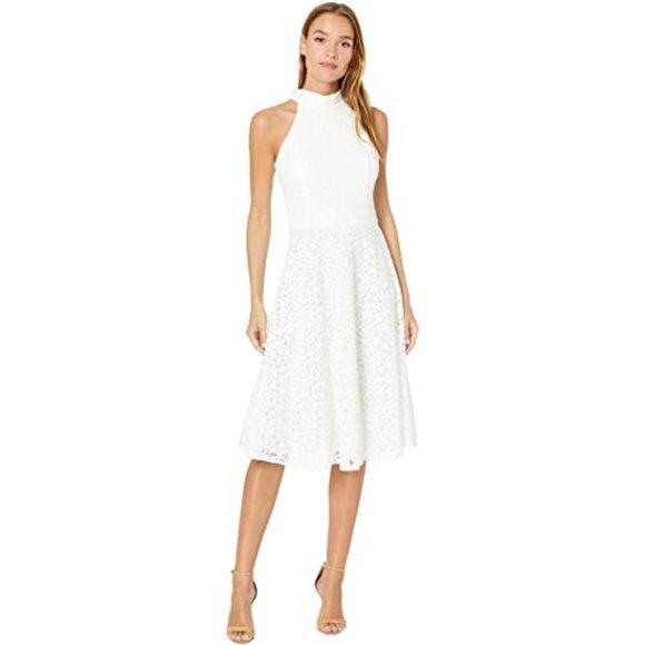 NEW Tahari by ASL Mock Neck Dress with Flare Skirt Ivory Womens Size 10 - Picture 3 of 6